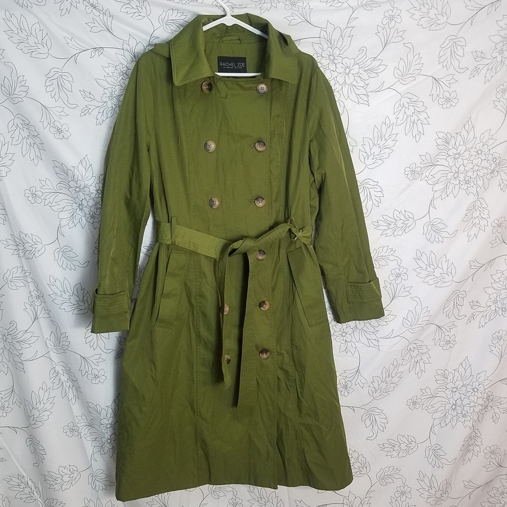 Rachel Zoe Green Double-Breasted Belt Hooded  Trench Coat